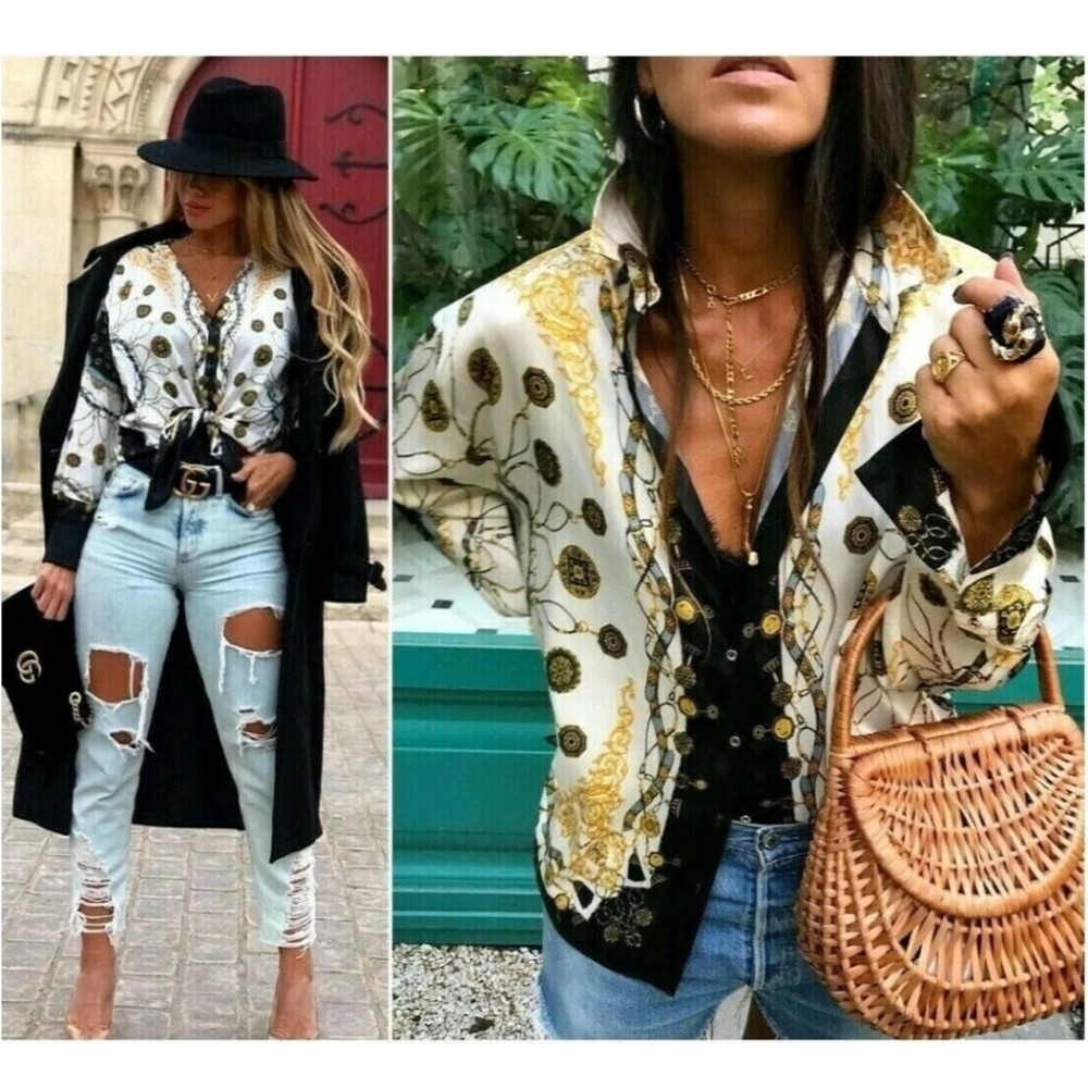 Zara Chain Print Button Front Long Sleeve Blouse Blogger Favorite Size Small